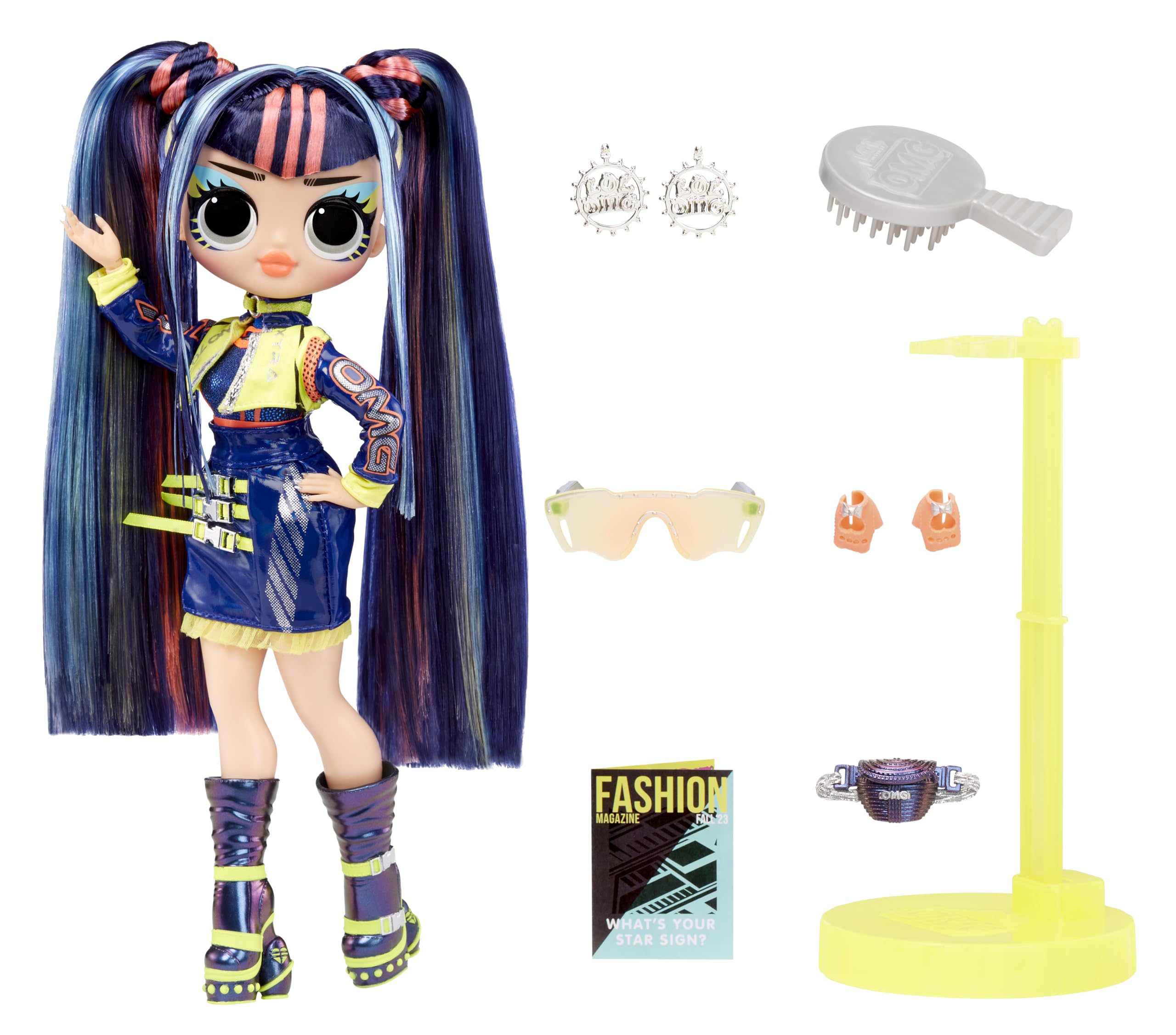 L.O.L. Surprise Victory doll standalone stand and hairbrush for posing.