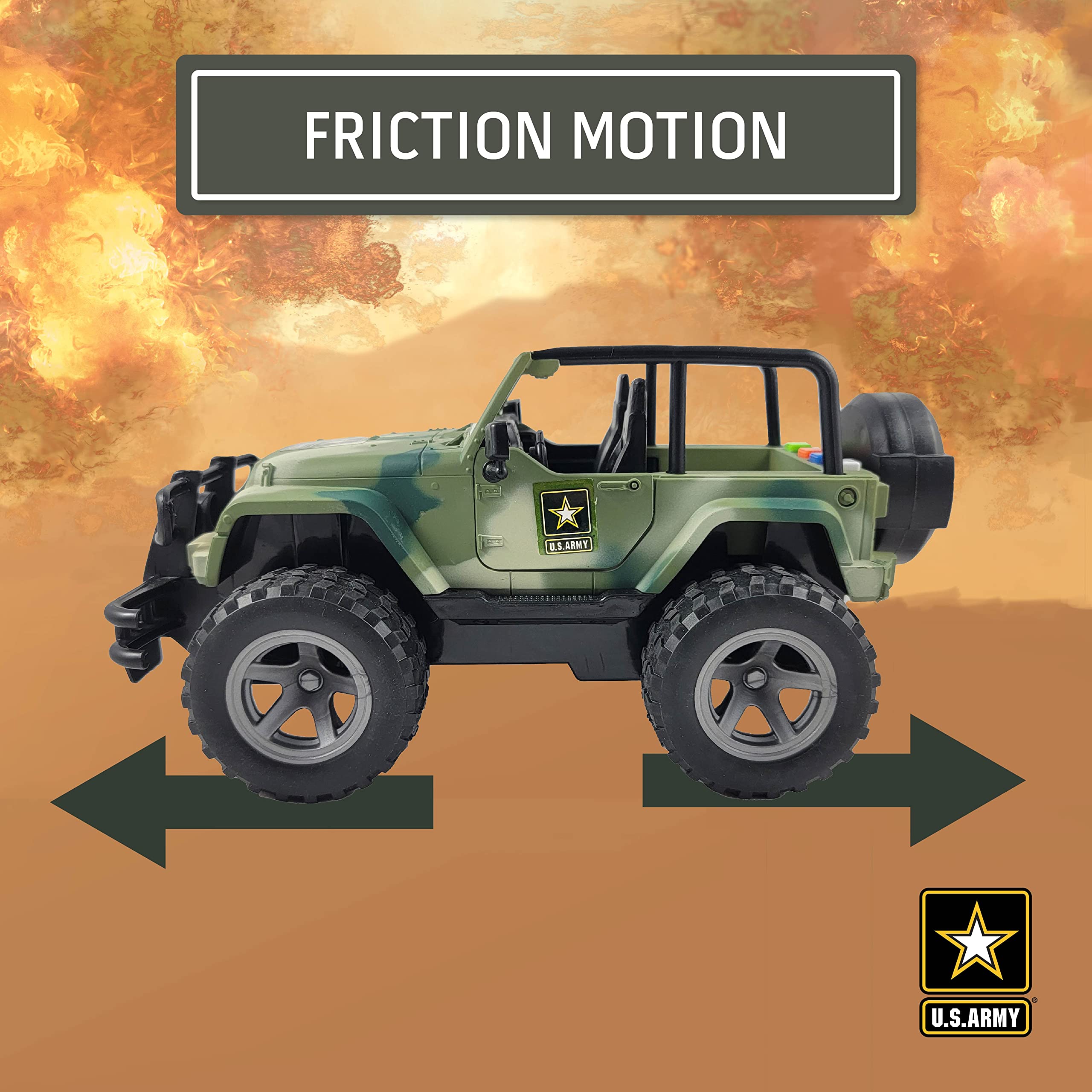 Push-and-go military truck with four sound effects and back panel lights.