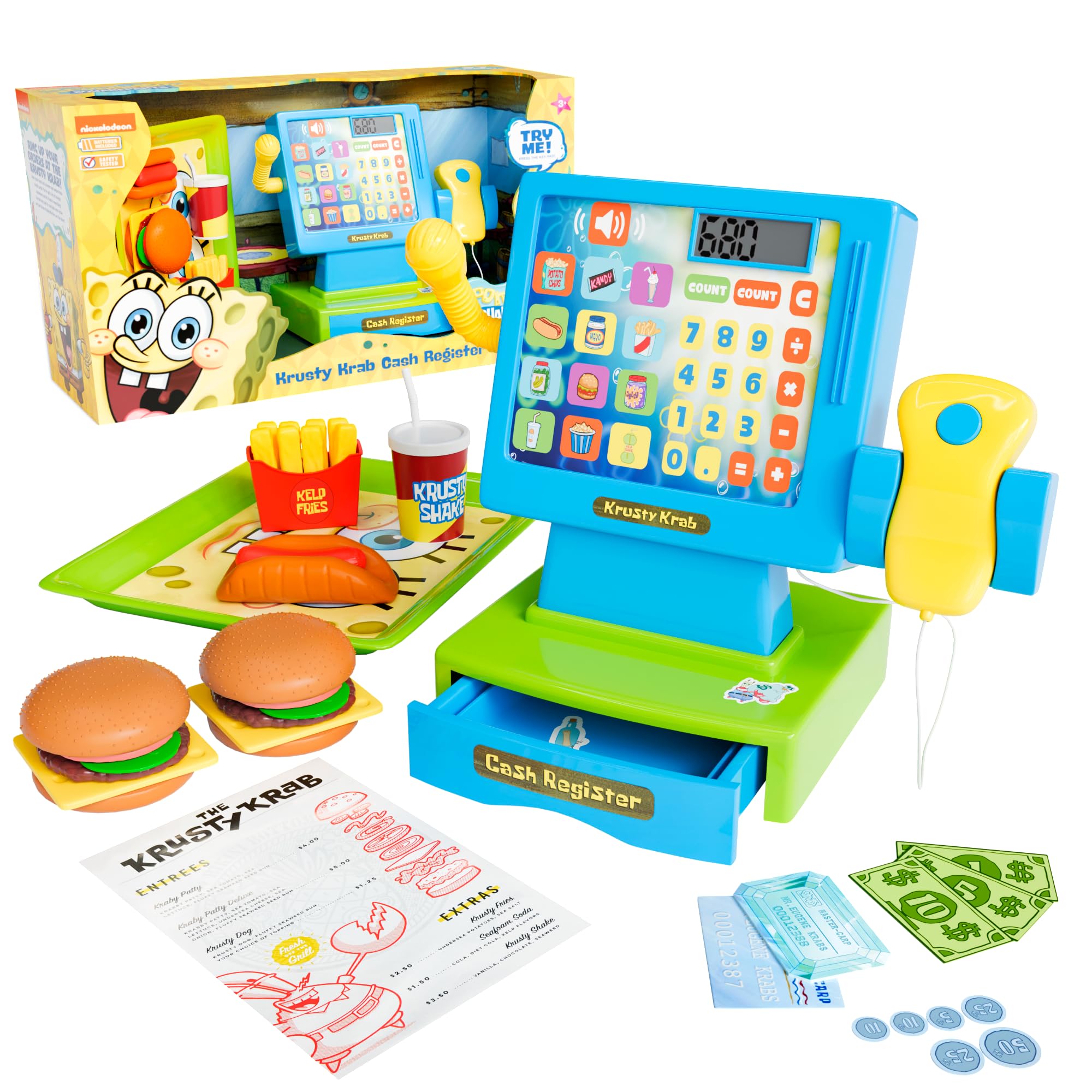 Lollipop Spongebob Krusty Krab cash register for imaginative play and pretend purchases.