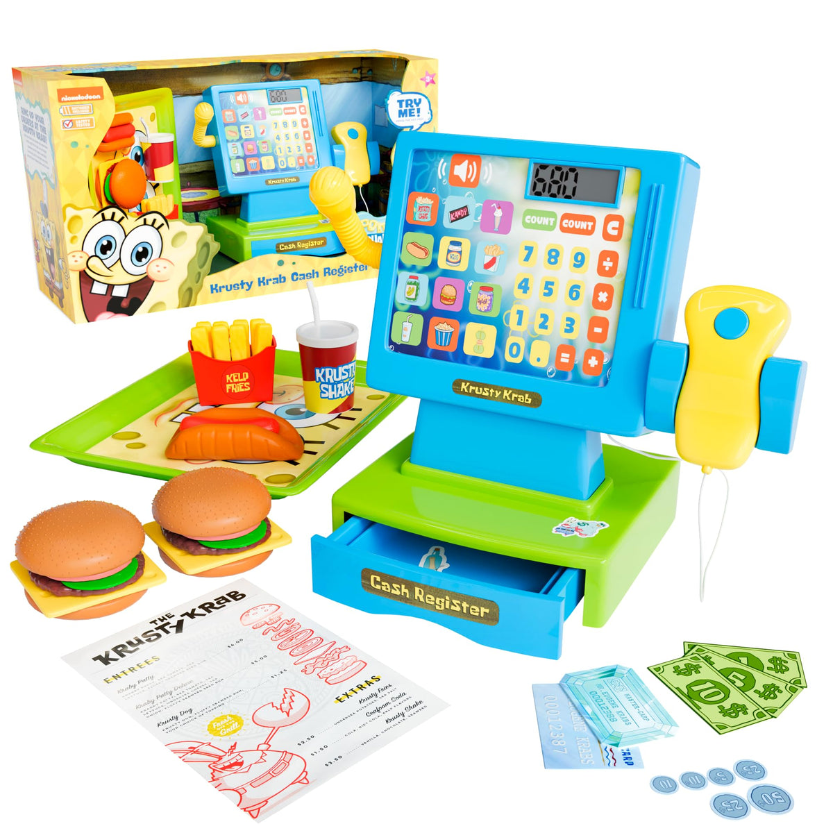 Lollipop Spongebob Krusty Krab cash register for imaginative play and pretend purchases.