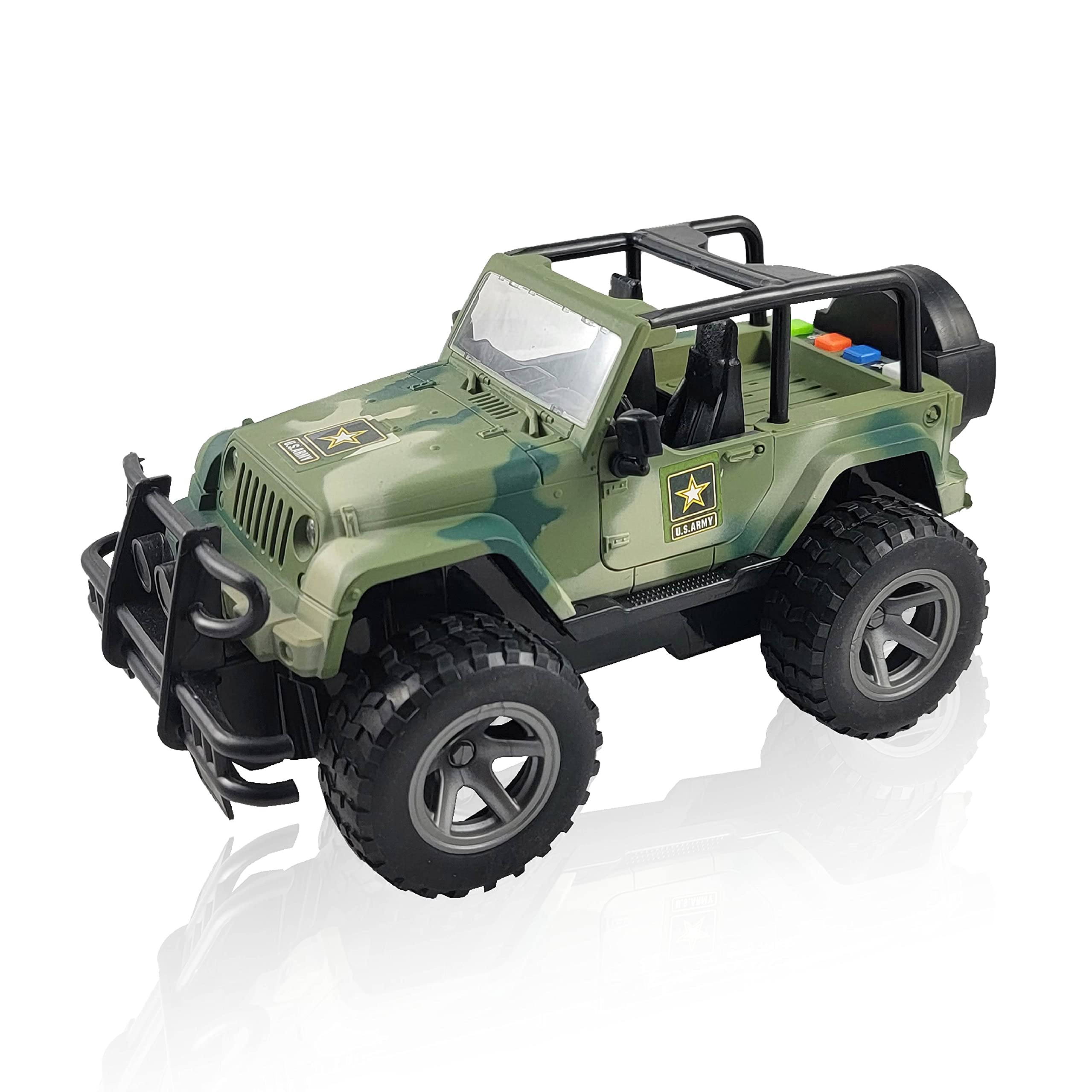 Lollipop US Army friction-powered 1/16 off-road model with authentic details for play.