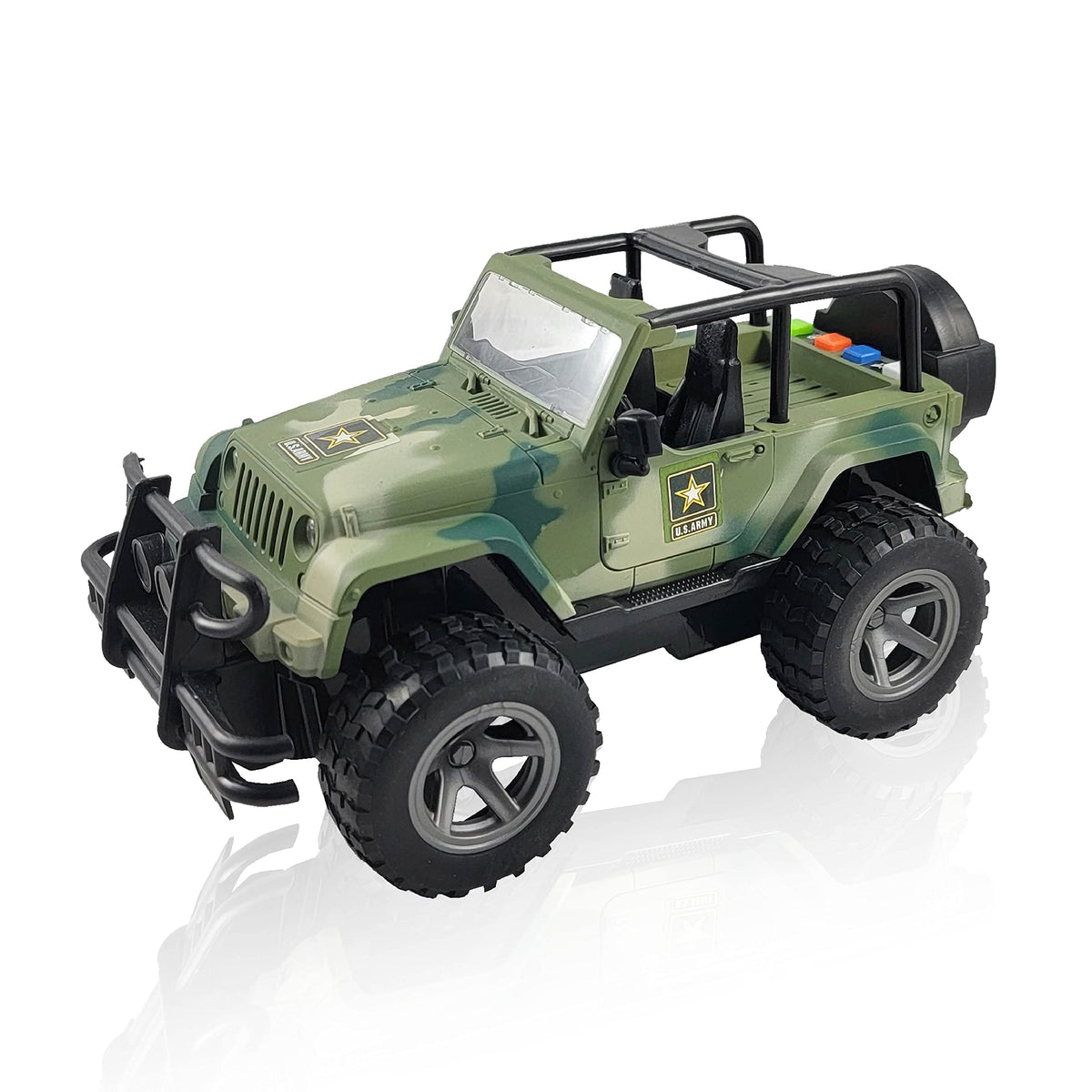 Lollipop US Army friction-powered 1/16 off-road model with authentic details for play.