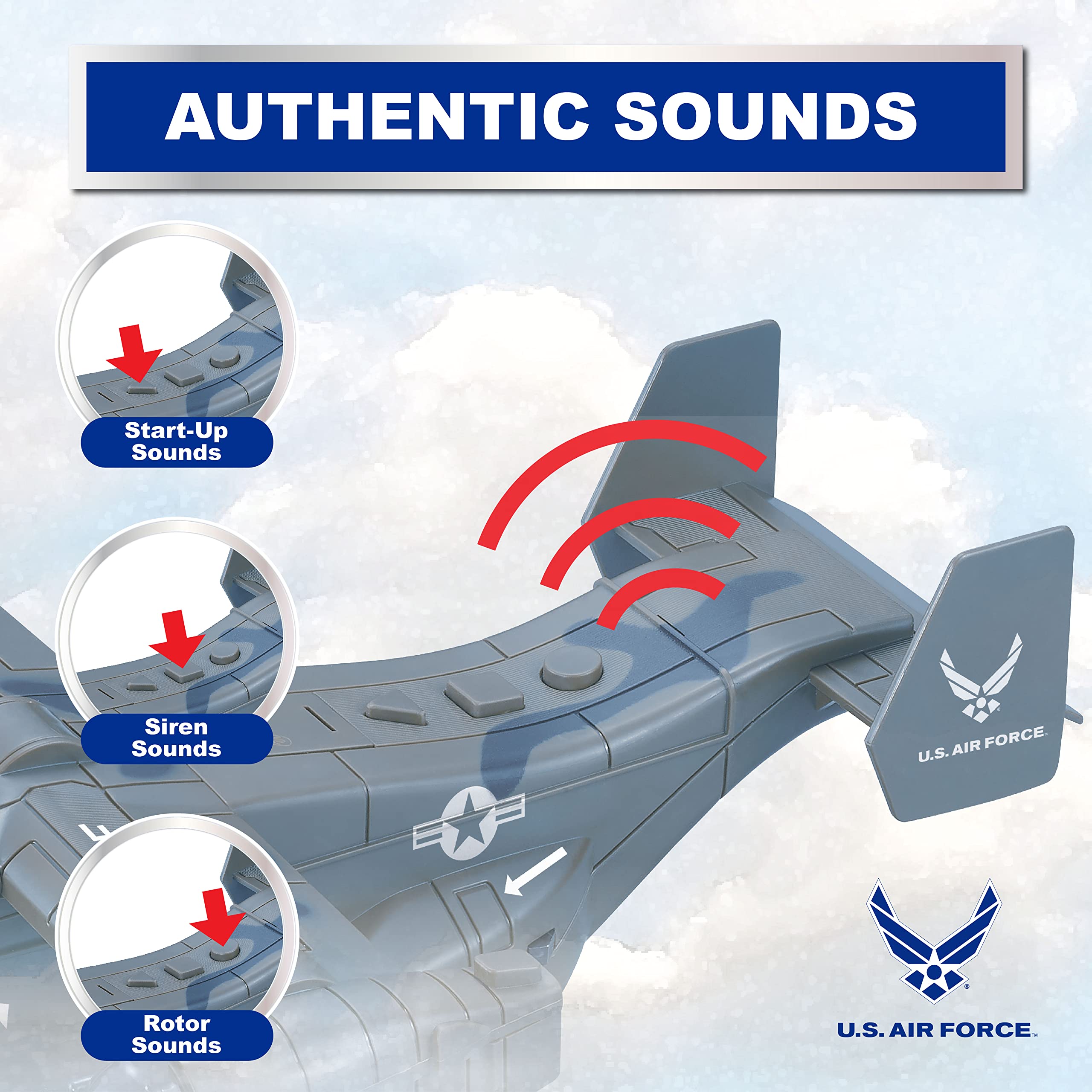 Lollipop V-22 Osprey sound button delivers helicopter effects during action scenarios.