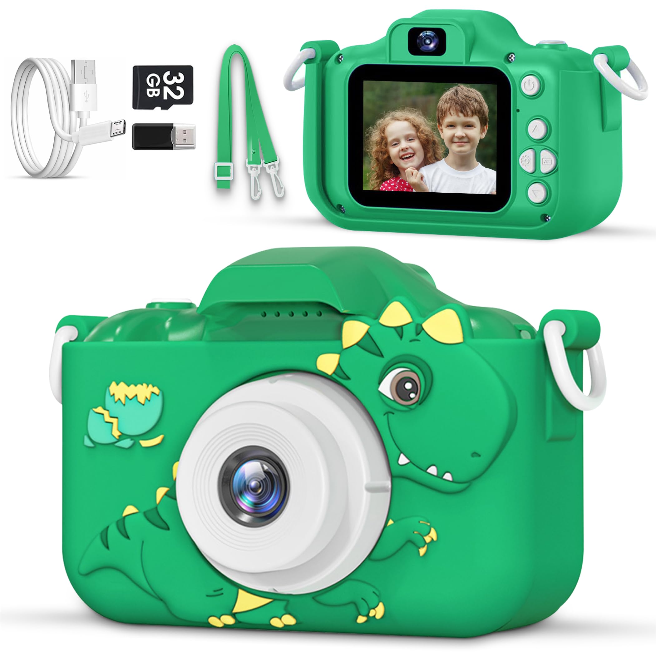 LOMINAT Kids Camera with dual-lens dinosaur case for active play
