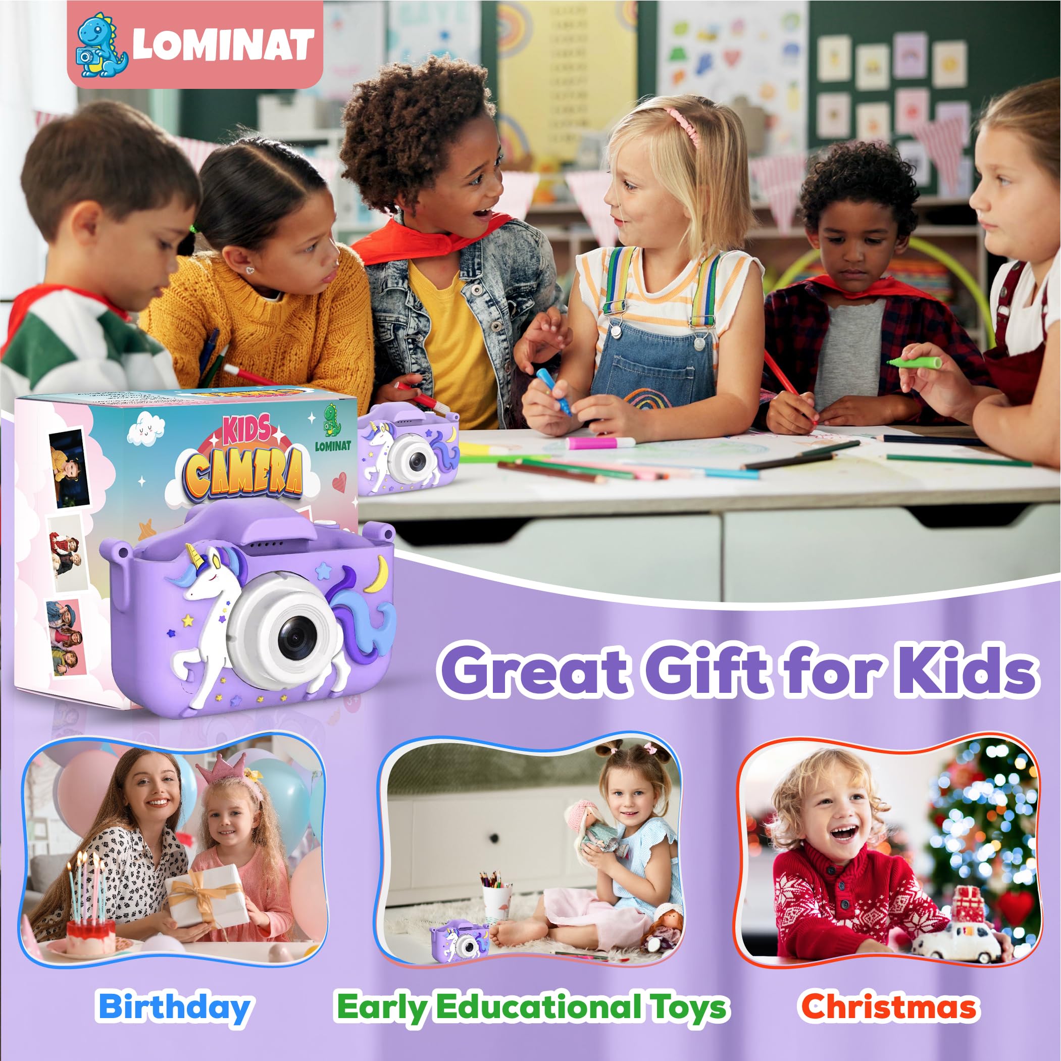 LOMINAT Unicorn Kids Camera purple accessories, USB, lanyard, reader included