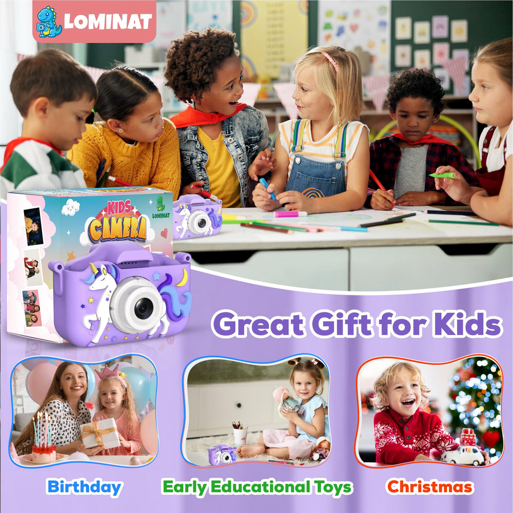 LOMINAT Unicorn Kids Camera purple accessories, USB, lanyard, reader included