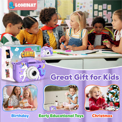 LOMINAT Unicorn Kids Camera purple accessories, USB, lanyard, reader included