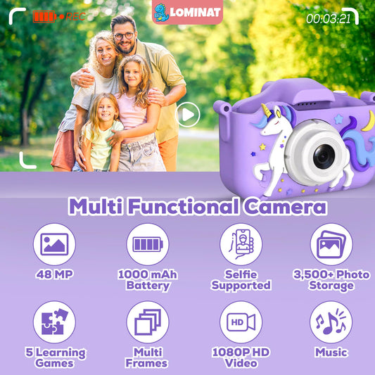 LOMINAT Unicorn Kids Camera purple back view, simple controls for kids