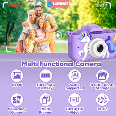 LOMINAT Unicorn Kids Camera purple back view, simple controls for kids