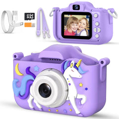 LOMINAT Unicorn Kids Camera purple front view, durable play-ready design