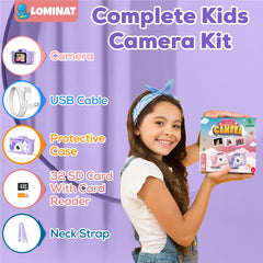 LOMINAT Unicorn Kids Camera purple on lanyard, ready for on-the-go use