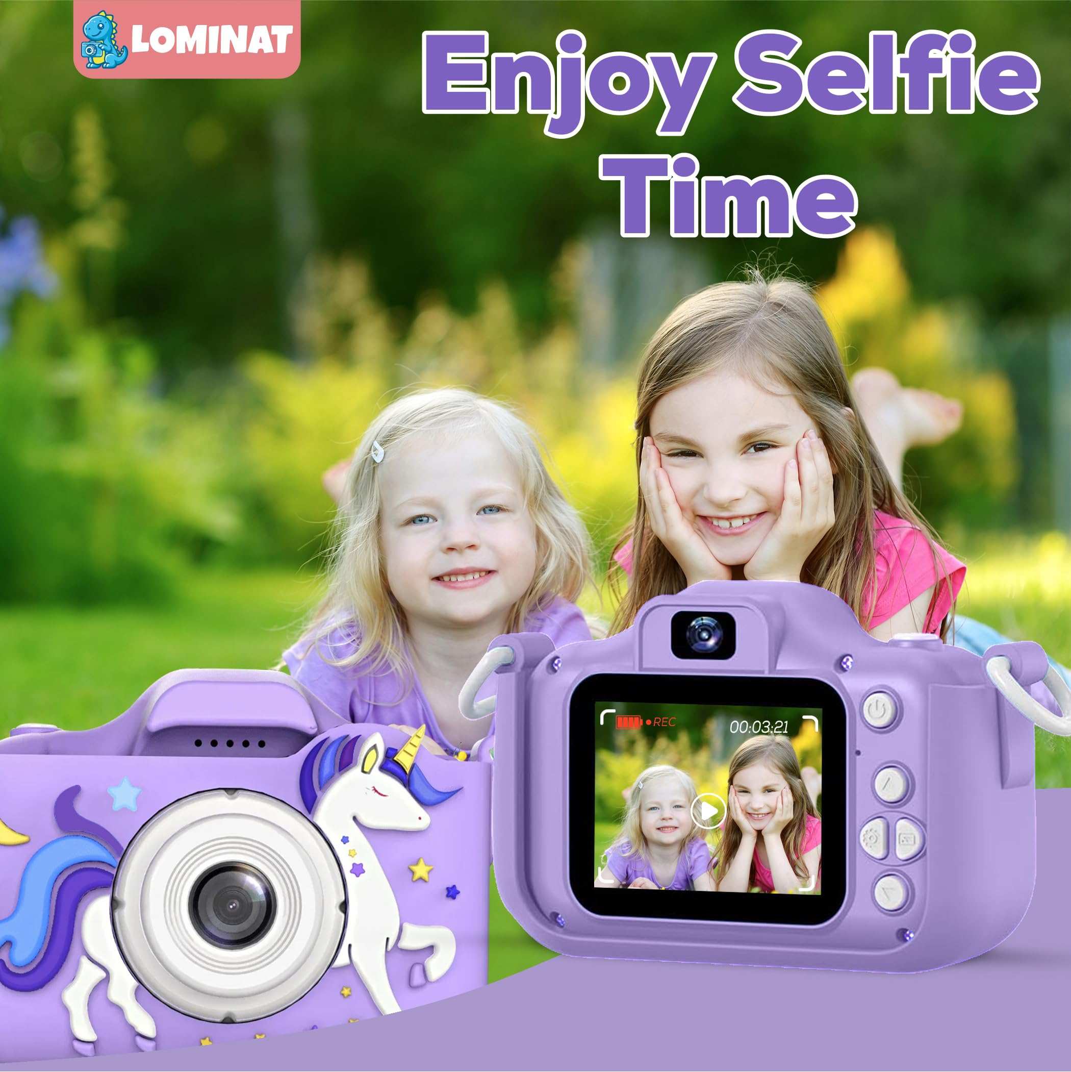 LOMINAT Unicorn Kids Camera purple side hold, ergonomic grip for small hands