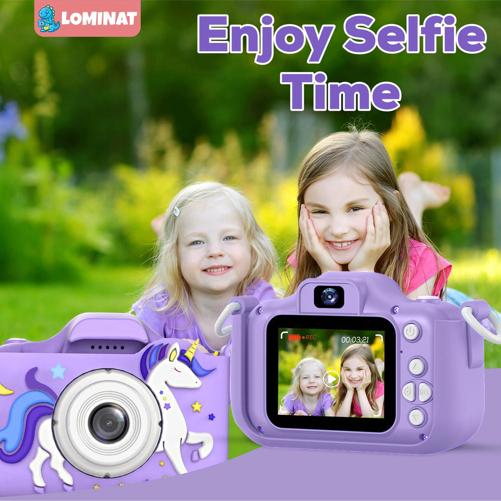 LOMINAT Unicorn Kids Camera purple side hold, ergonomic grip for small hands