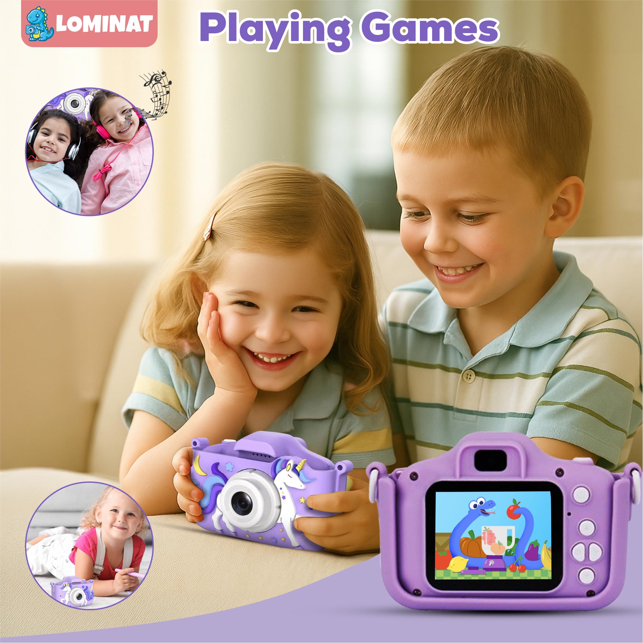 LOMINAT Unicorn Kids Camera purple time-lapse, easy steady clips