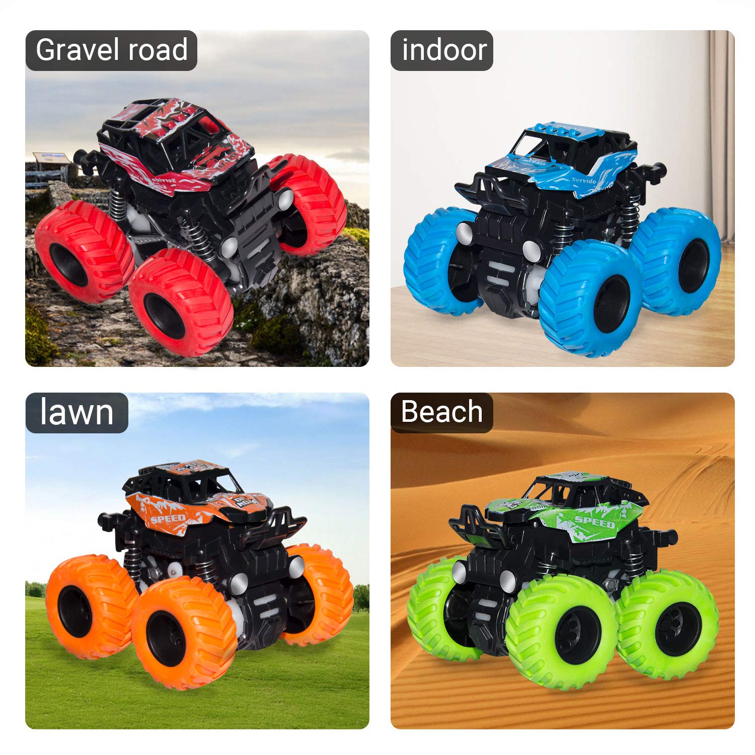 LONANDY Monster Truck Toy green back view demonstrates shockproof design for outdoor play