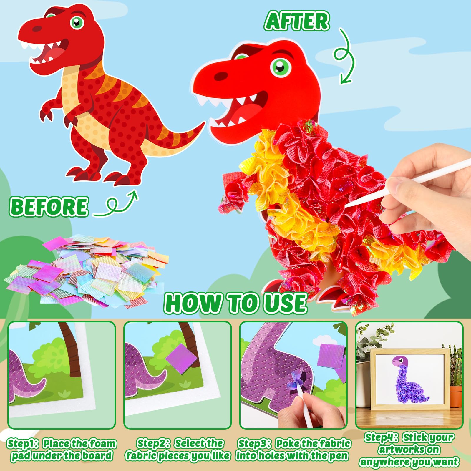 Lonfliness Stegosaurus poke-in board encourages colorful, mess-free crafting at home.