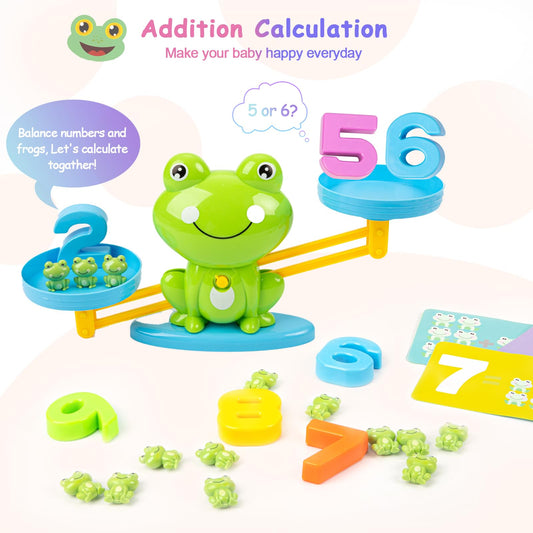 Lonfypeng frog statues on a scale visualize numbers and balance for hands-on learning.