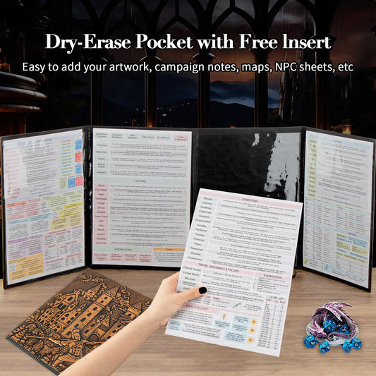 LongLongJin DND Screen pocket storage keeps dice and minis within easy reach.