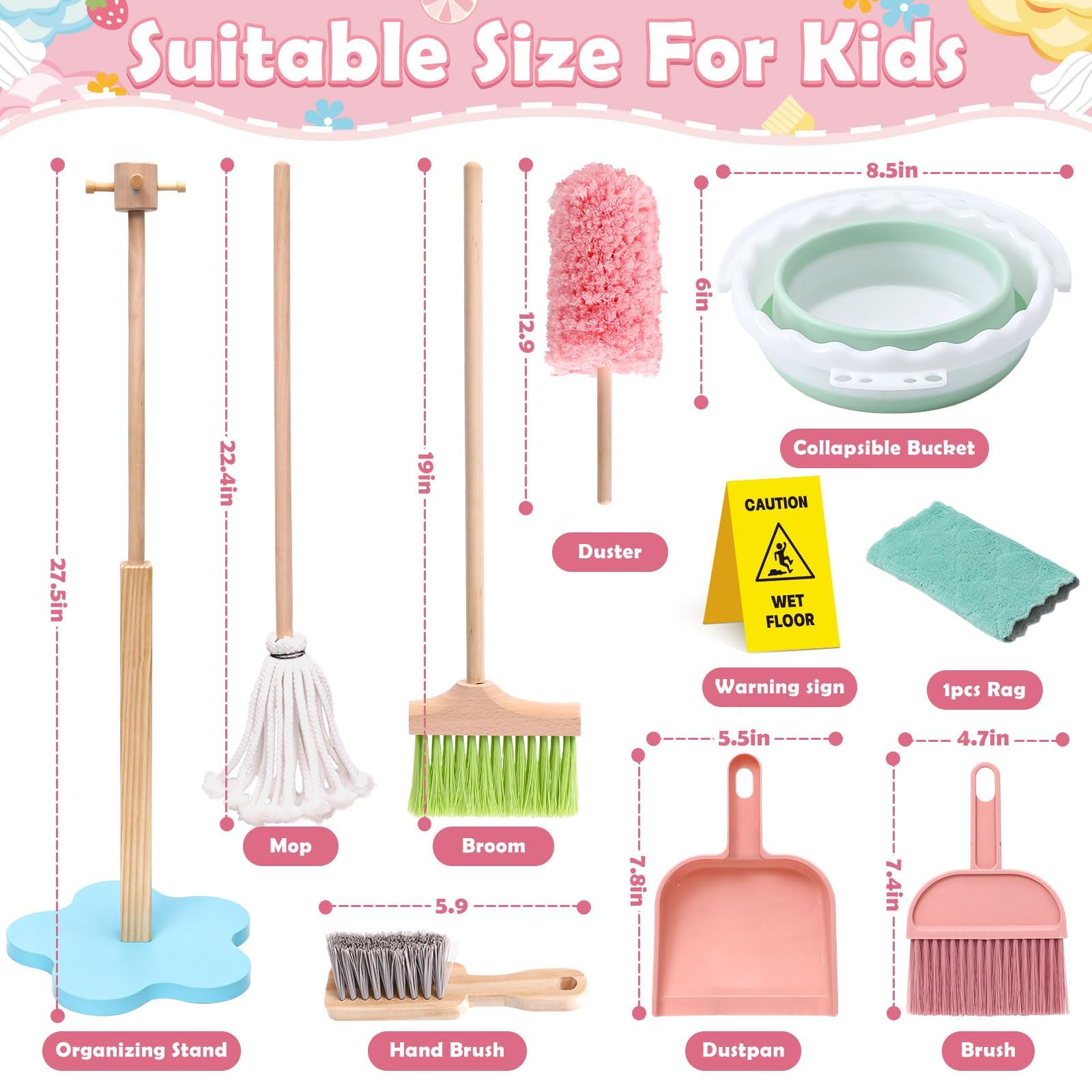 Lonico wooden broom helps toddlers practice coordination during pretend cleaning.