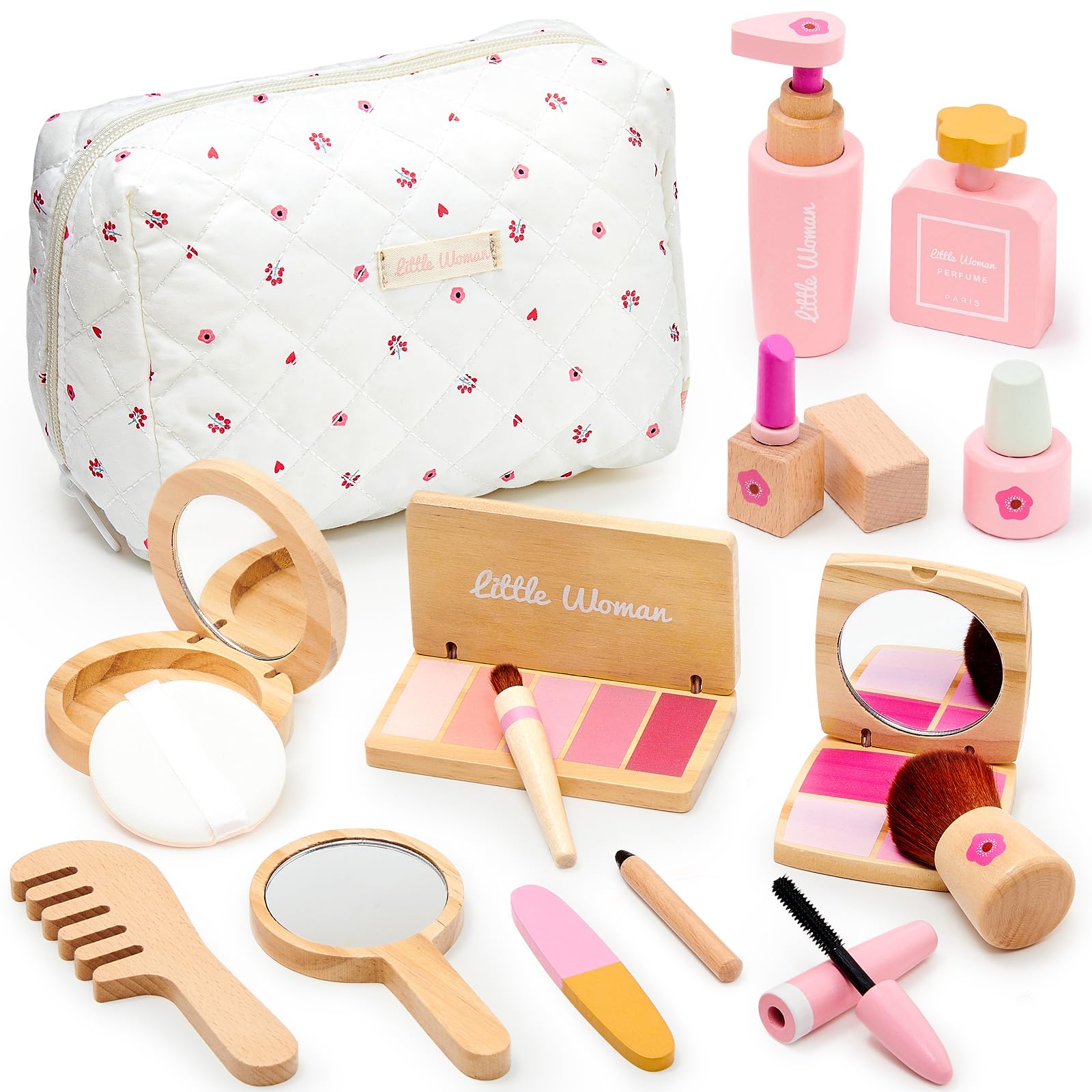 Lonico wooden makeup kit pink makeup bag for organized pretend play