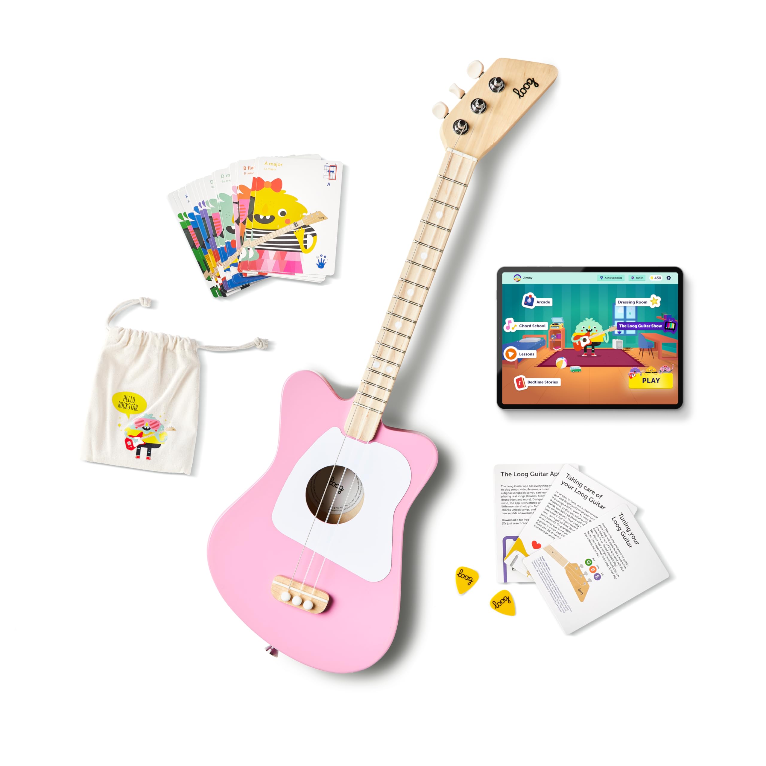 Loog Mini three-string guitar shown for beginner-friendly learning.