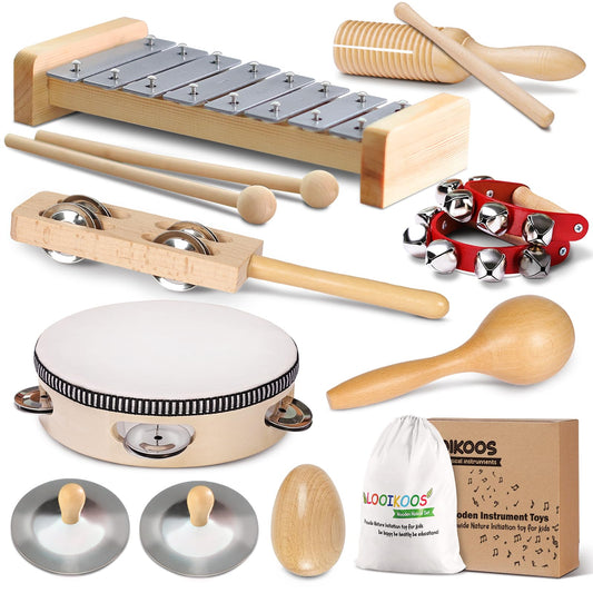 LOOIKOOS toddler musical instruments set seen with colorful wooden toys for imaginative play.