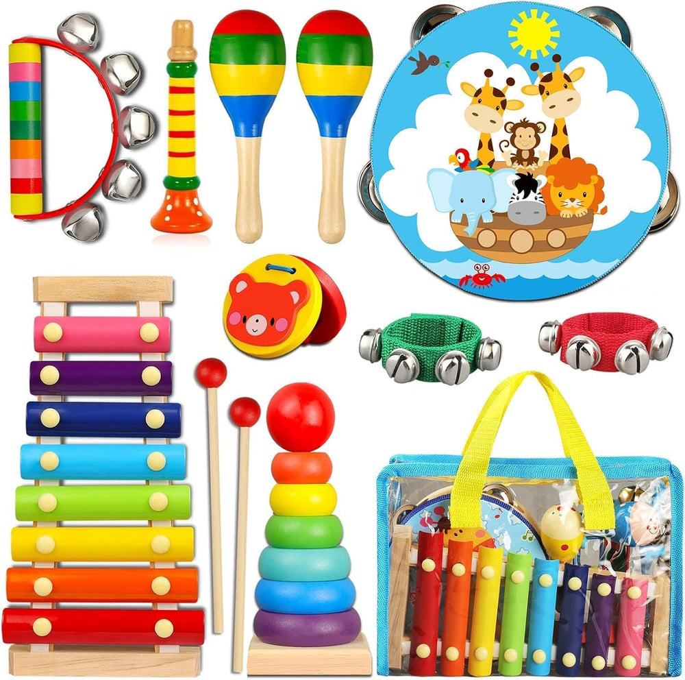 LOOIKOOS toddler musical instruments in carrying bag for portable play and gift-ready fun.