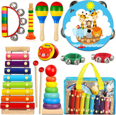 LOOIKOOS toddler musical instruments in carrying bag for portable play and gift-ready fun.