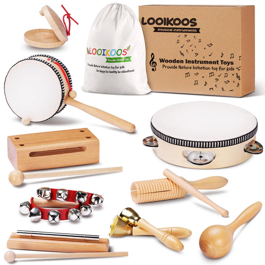 LOOIKOOS wooden drum set inspires rhythm exploration for toddlers.