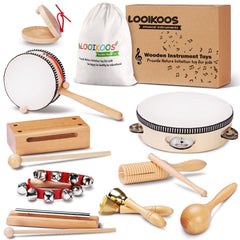 LOOIKOOS wooden drum set inspires rhythm exploration for toddlers.