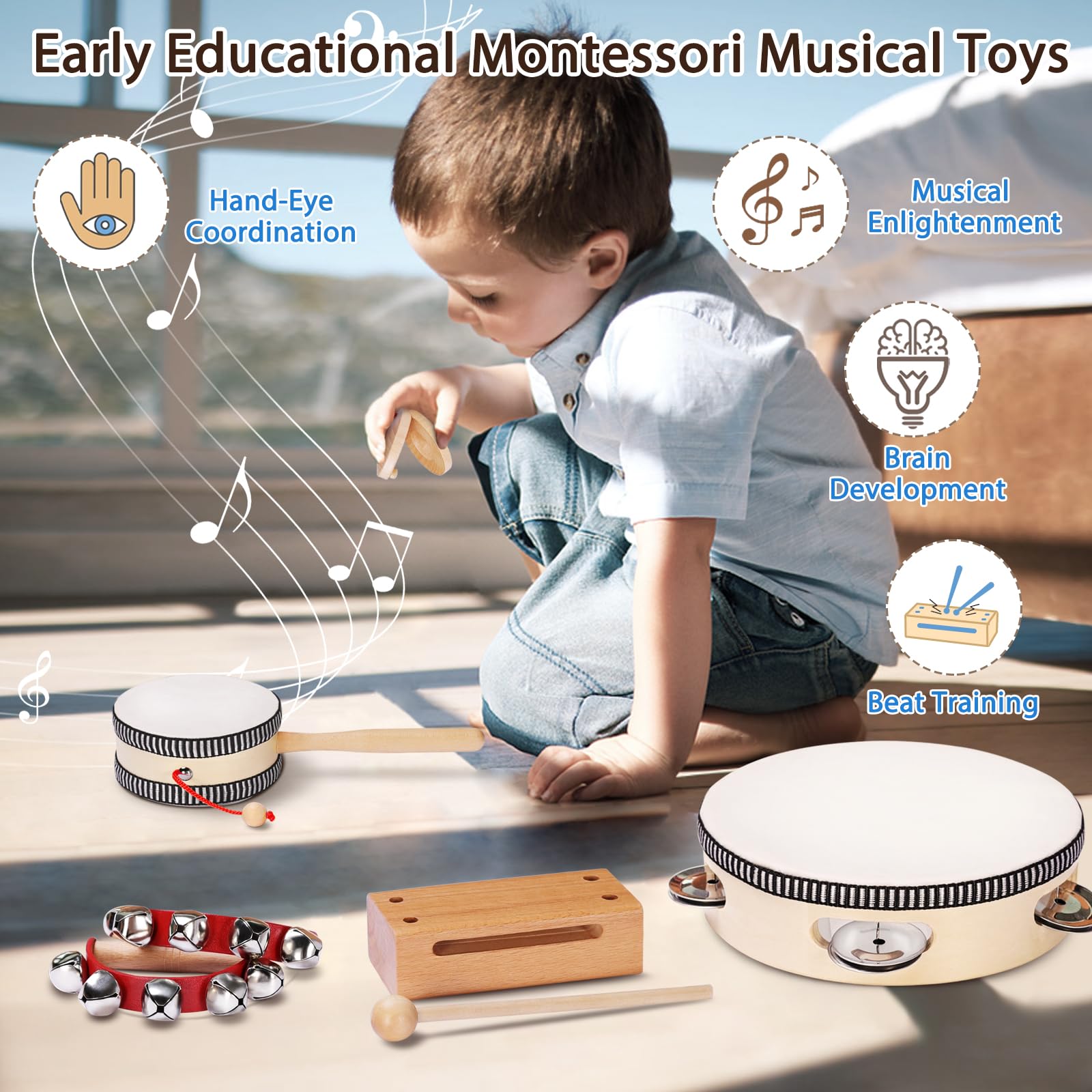 LOOIKOOS wooden shaker set promotes fine motor skills with cheerful sound.