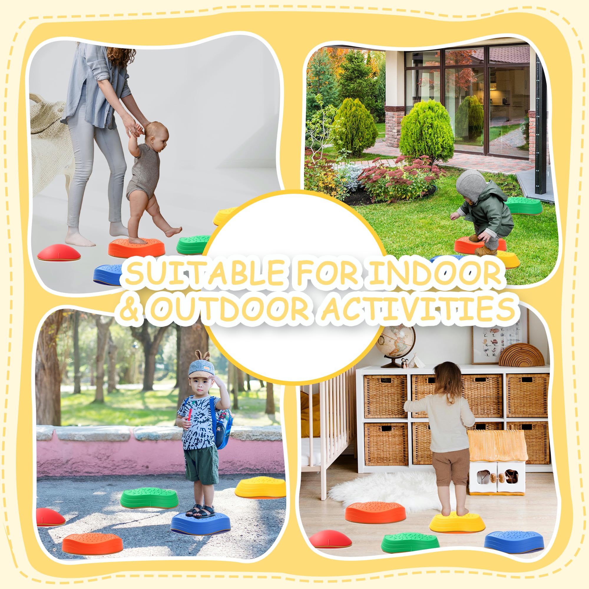 LoomLark Balance Stepping Stones adapt to indoor floors or outdoor lawns for varied play.
