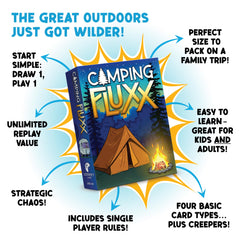 Campfire night scene featuring Looney Labs Fluxx for cozy outdoor fun.