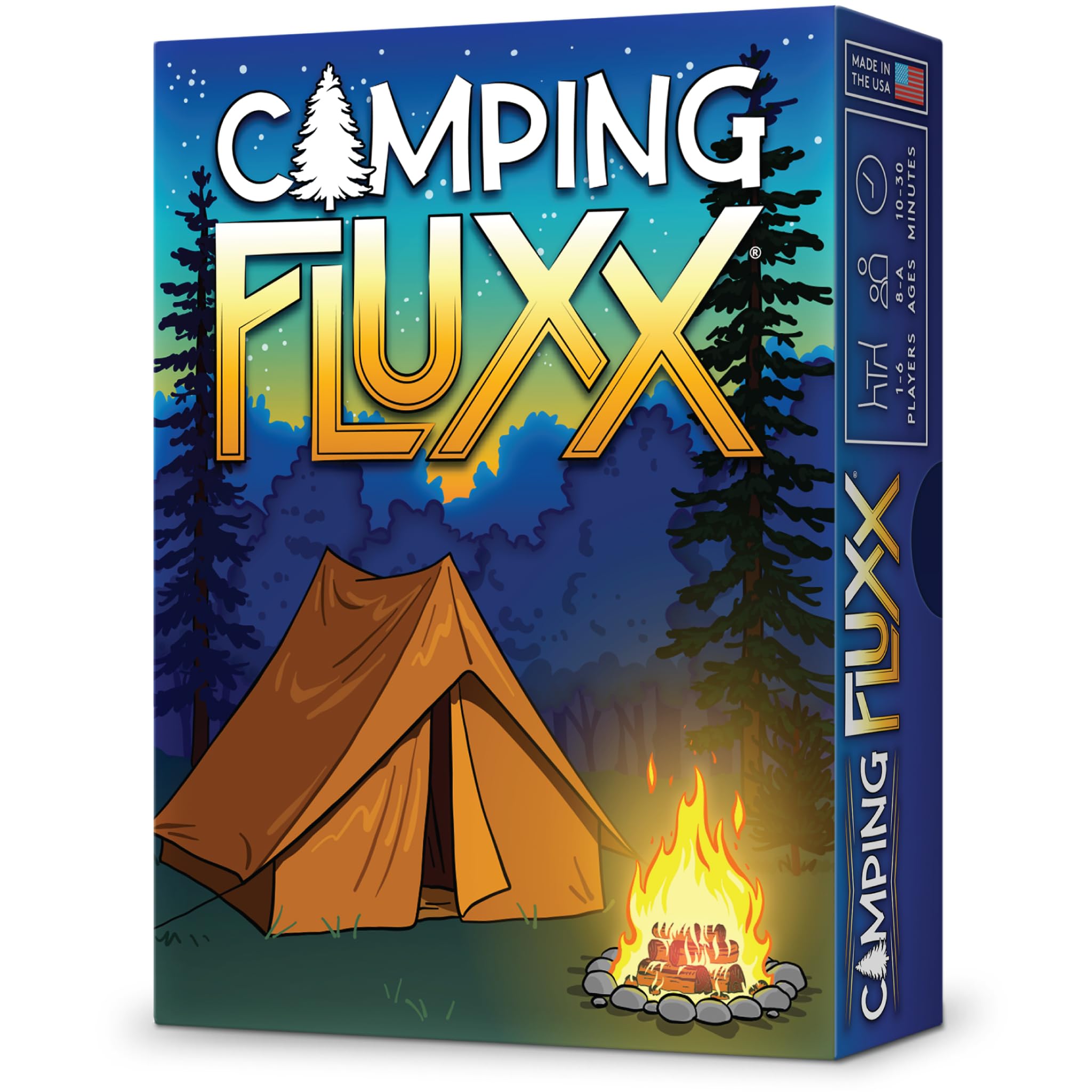 Looney Labs Camping Fluxx card game box perfect for family camping trips.