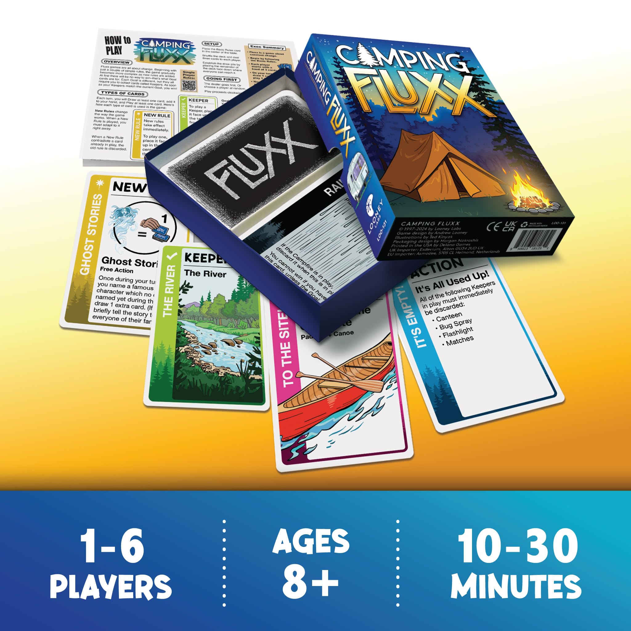 Looney Labs Camping Fluxx playing cards in hand spark quick, social play.