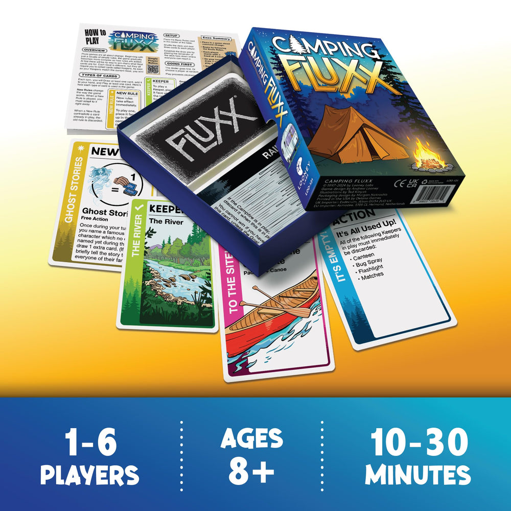 Looney Labs Camping Fluxx playing cards in hand spark quick, social play.