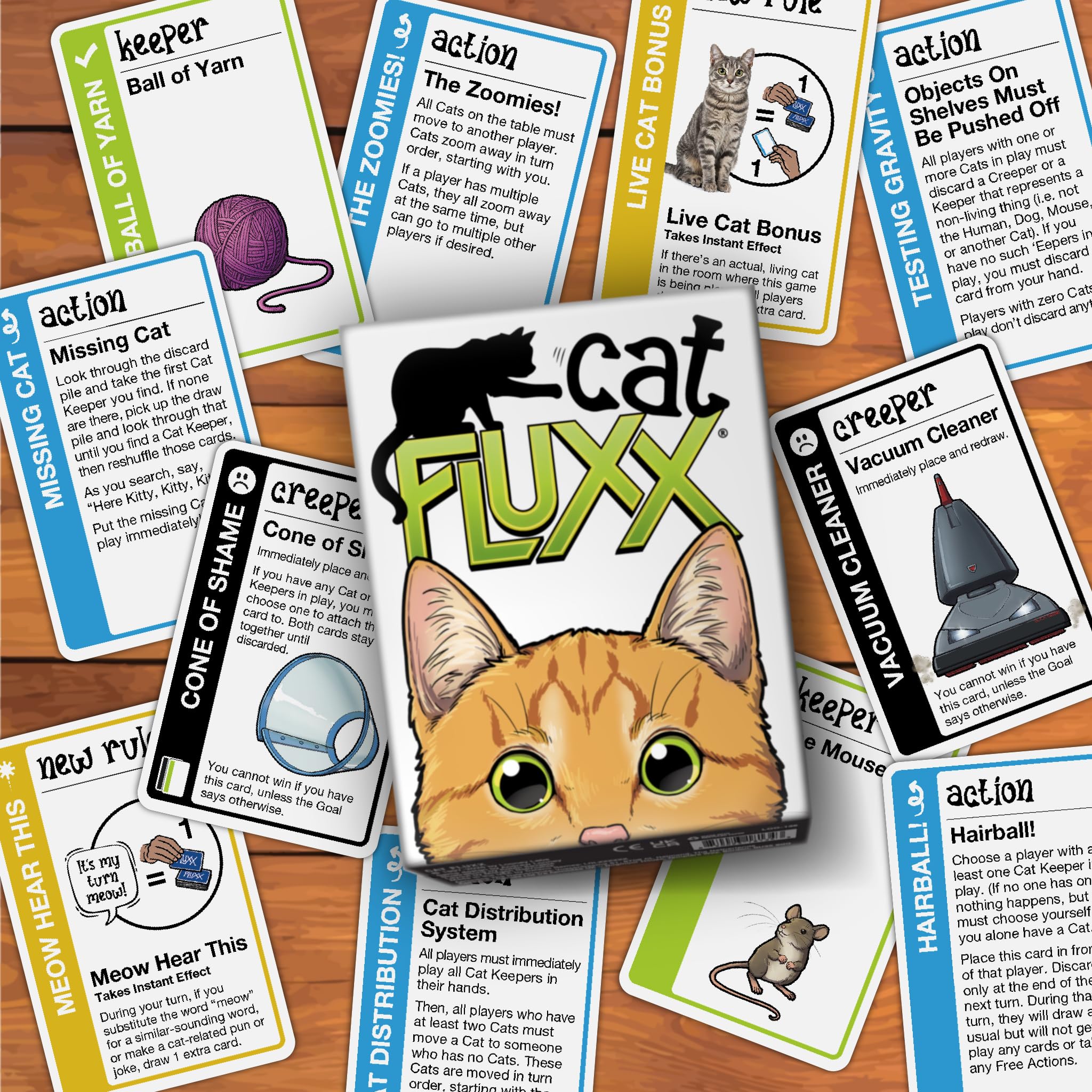 Looney Labs Cat Fluxx empty-food-bowl creeper adds relatable humor.