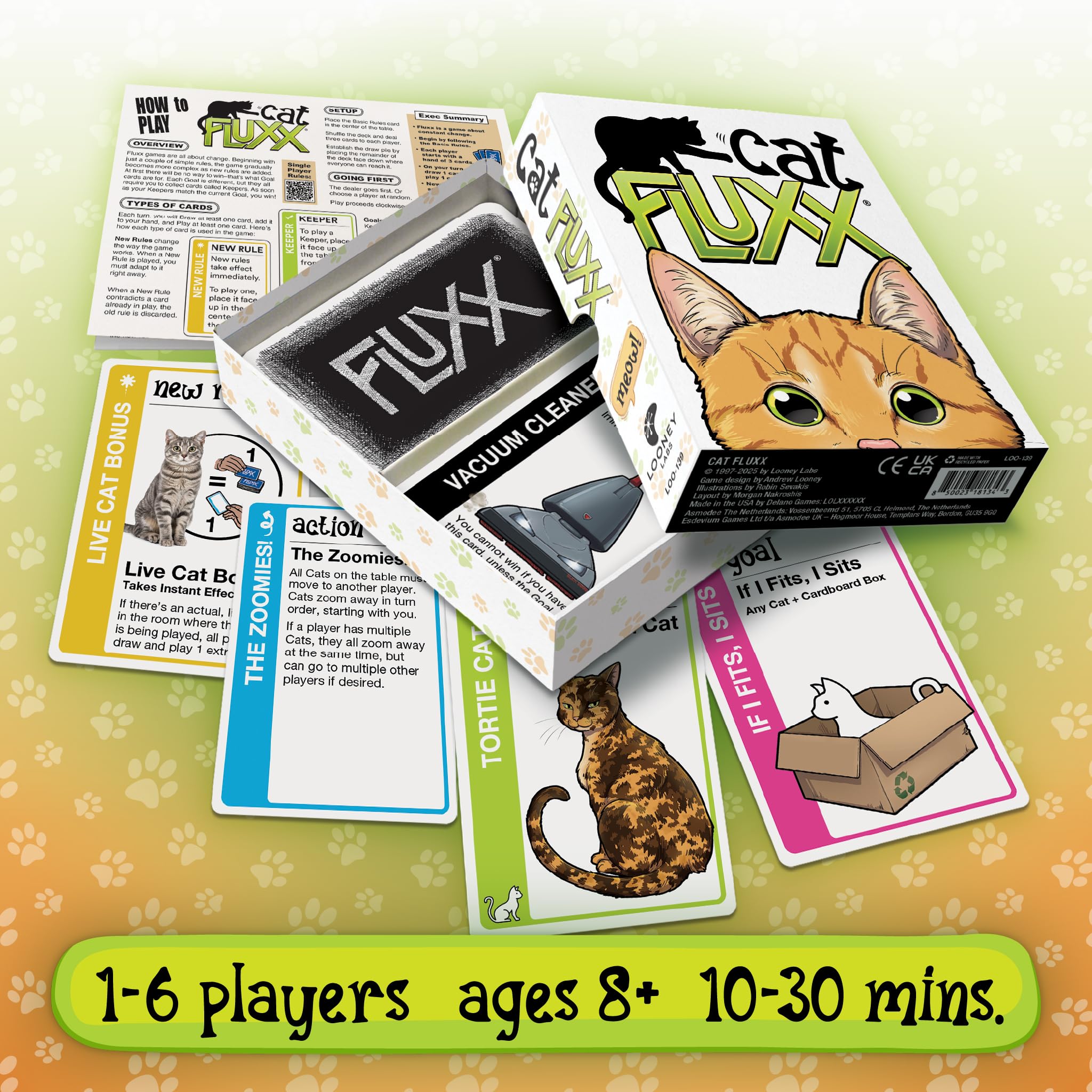 Looney Labs Cat Fluxx human-character card adds whimsical interaction.