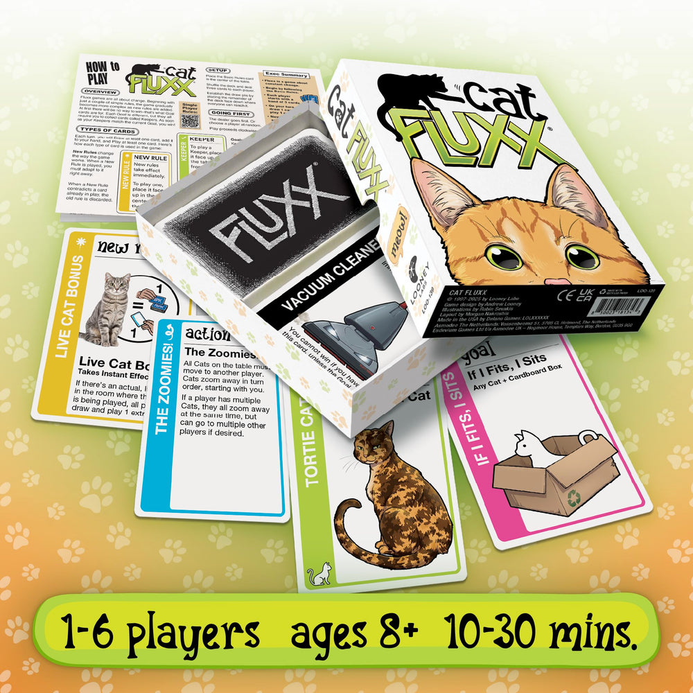 Looney Labs Cat Fluxx human-character card adds whimsical interaction.