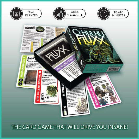 Looney Labs Cthulhu Fluxx card art shows eerie Lovecraft-inspired visuals