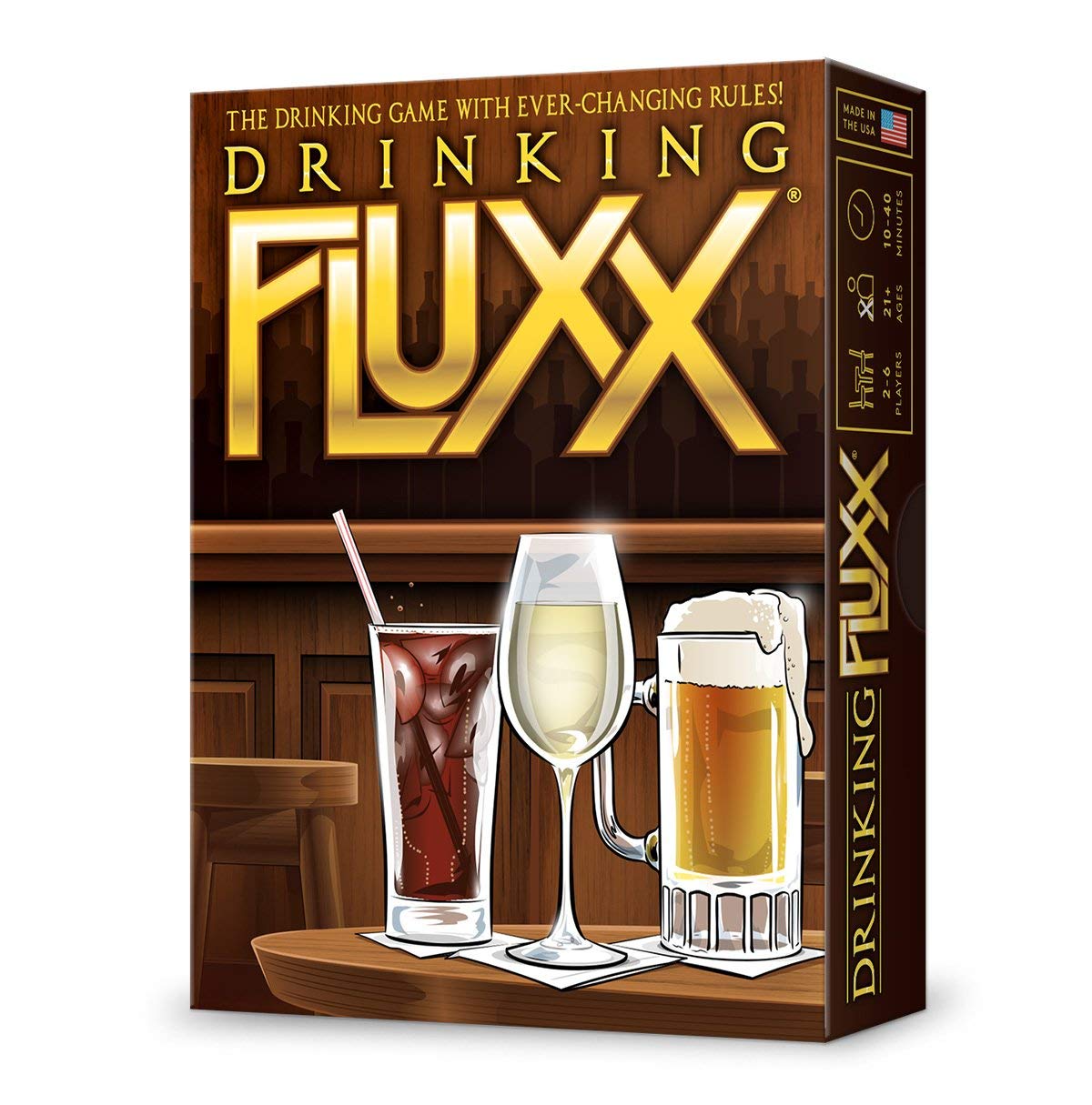 Looney Labs Drinking Fluxx card game box ready for party night.