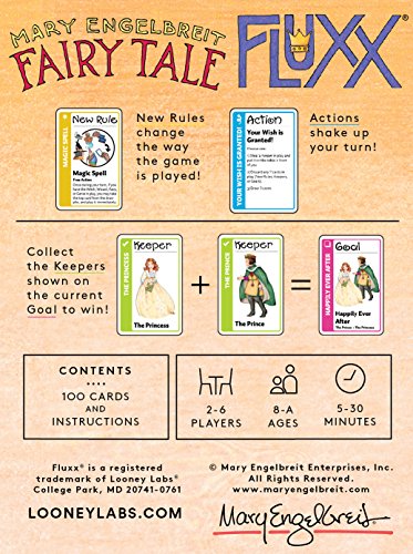 Looney Labs Fairy Tale Fluxx deck laid out showing evolving rules for quick family gameplay