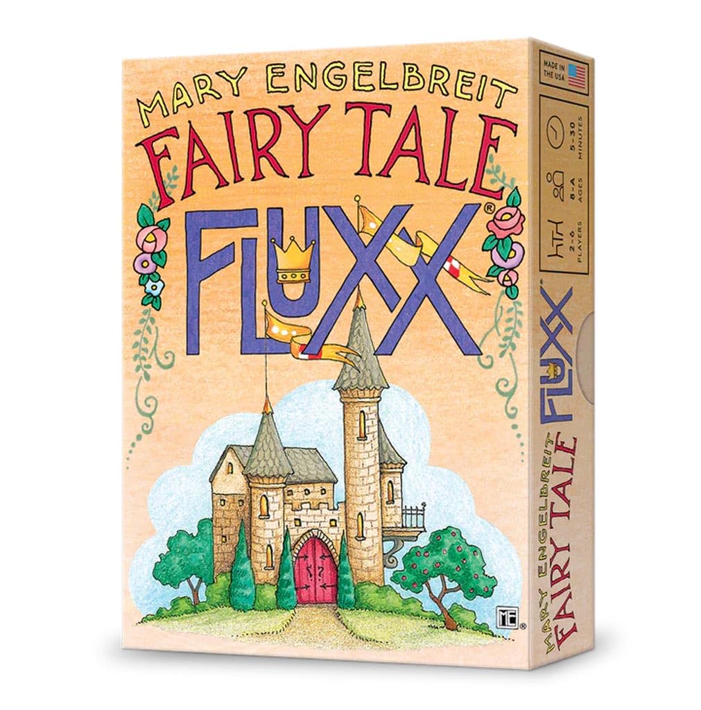 Looney Labs Fairy Tale Fluxx card game cover illustration featuring whimsical fairy tale artwork for family fun
