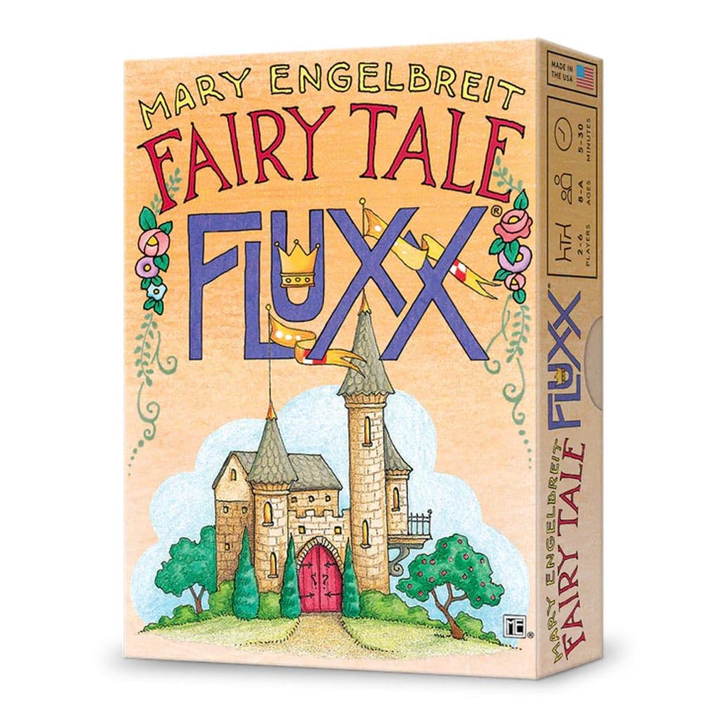 Looney Labs Fairy Tale Fluxx card game cover illustration featuring whimsical fairy tale artwork for family fun