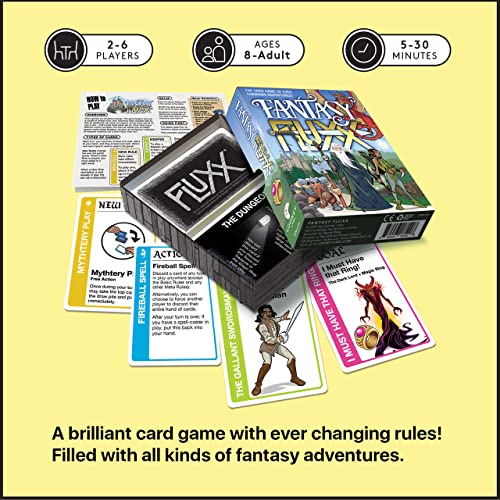Looney Labs Fantasy Fluxx cards spread on table for quick rounds.