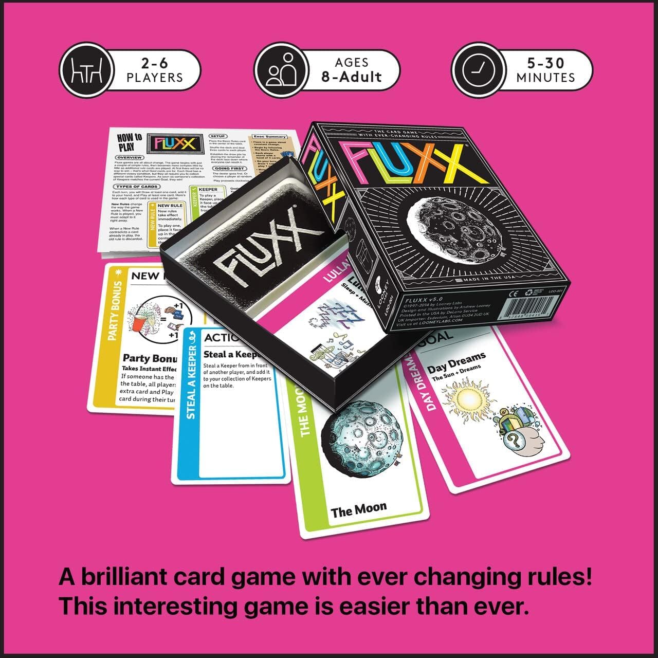 Looney Labs Fluxx 5.0 play-cards spread shows evolving rules