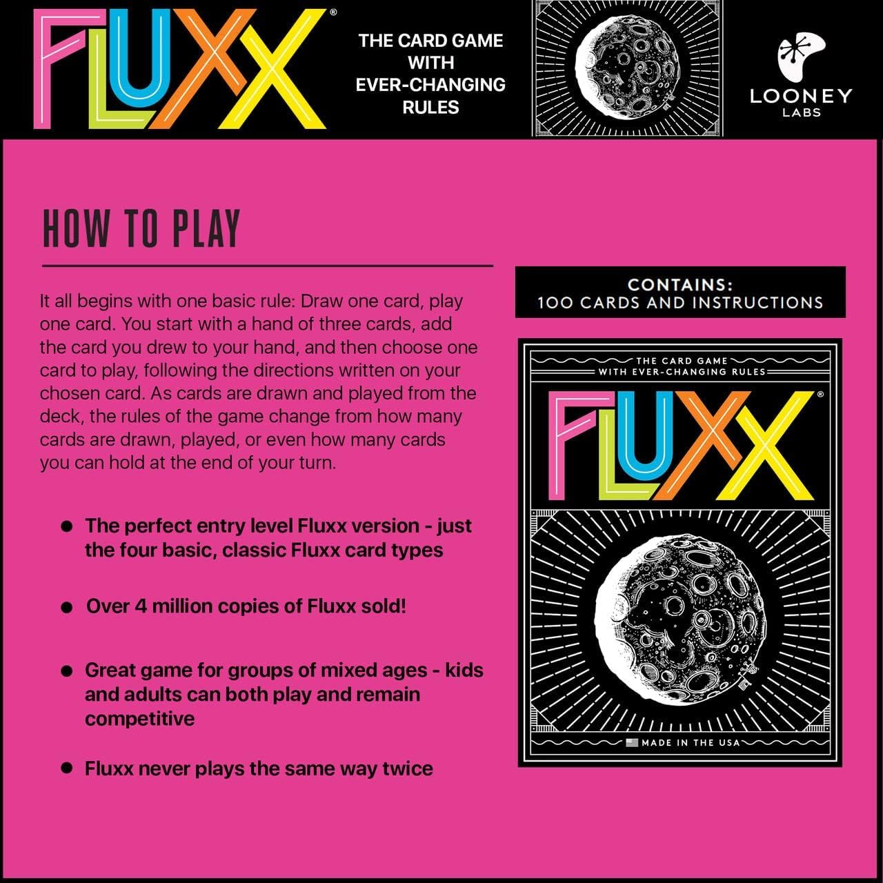 Looney Labs Fluxx 5.0 rule-cards on the table