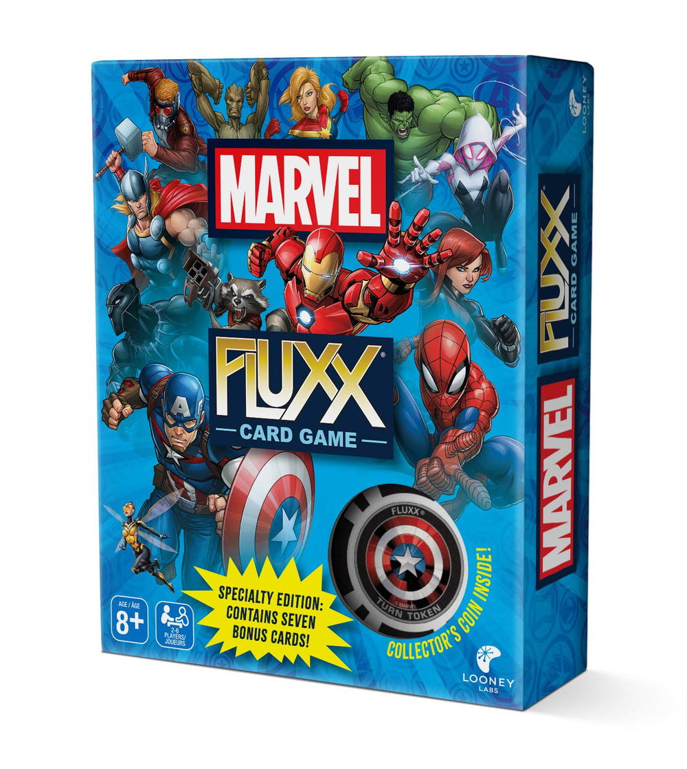 Looney Labs Marvel Fluxx Specialty Edition box art; vibrant Marvel theme for collectors.