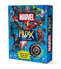 Looney Labs Marvel Fluxx Specialty Edition box art; vibrant Marvel theme for collectors.