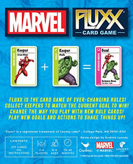 Looney Labs Marvel Fluxx Specialty Edition play area; compact layout suits travel game nights.